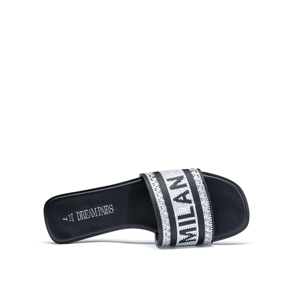 Square Toe Flat Slide Sandals - BLACK-RHINESTONE - 4